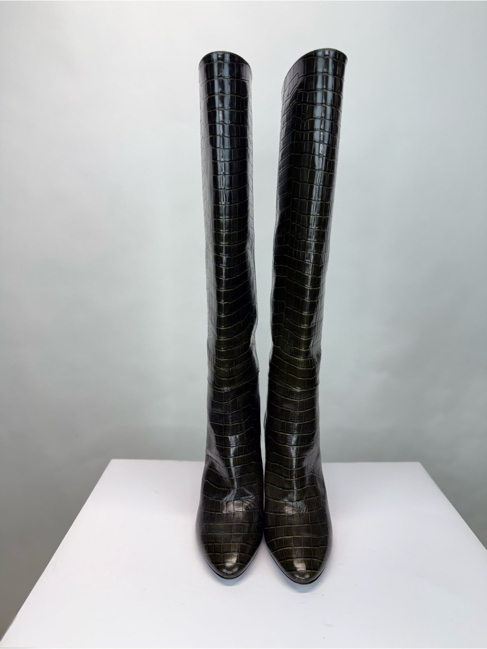 New Longchamp Croc Embossed Leather Knee High Boot Khaki Sz 10 - Picture 8 of 16